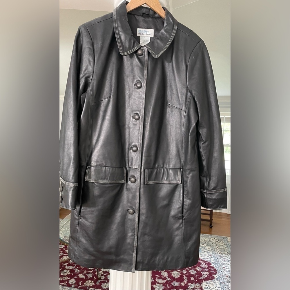 Bradley Bayou women’s black genuine soft leather long coat/trench with detail L